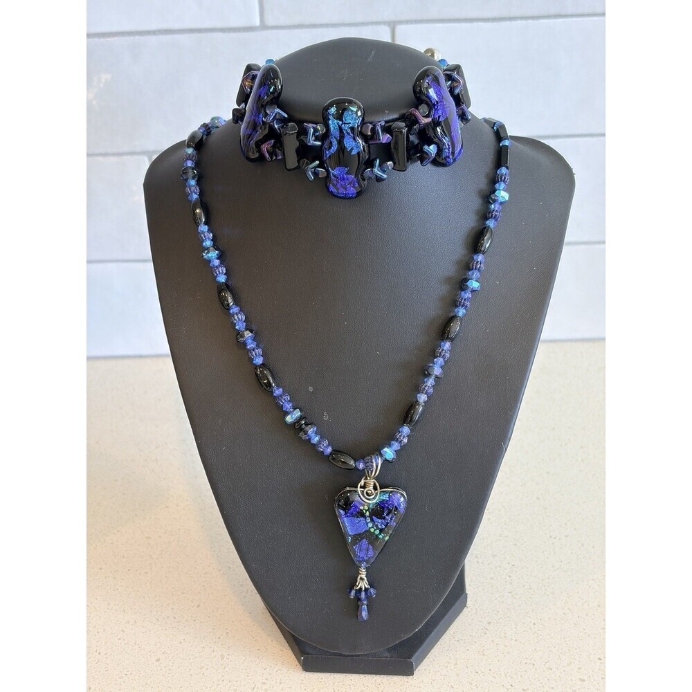 STERLING SILVER MURANO ART GLASS BLUE HEART PENDANT NECKLACE BRACELET SET
